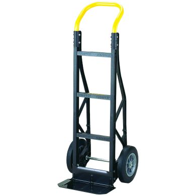Hand truck with yellow curved handle, solid wheels, and flat base plate.