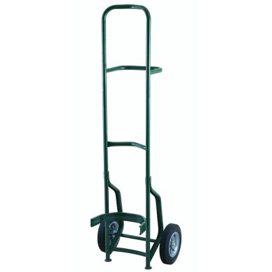 Hand truck with curved handle and solid wheels, green frame, shown upright against white background.