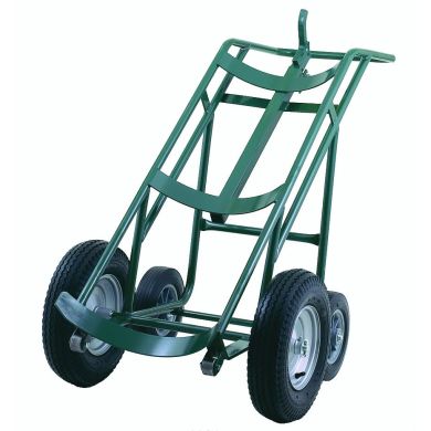 Green hand truck with curved handle and solid rubber wheels, upright position.