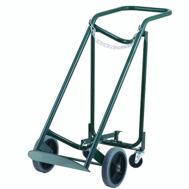 Green hand truck with curved handle and solid wheels, featuring a flat nose plate.