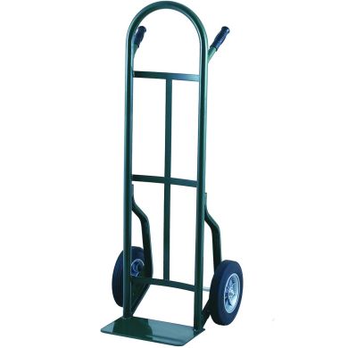 Green hand truck with solid wheels and curved handles, shown upright.