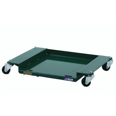 Green Harper hand truck dolly with four swivel wheels on a white background.