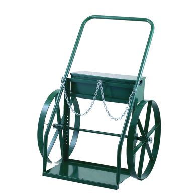 Hand truck with large wheels and a metal frame, featuring a box top and chain attachment.