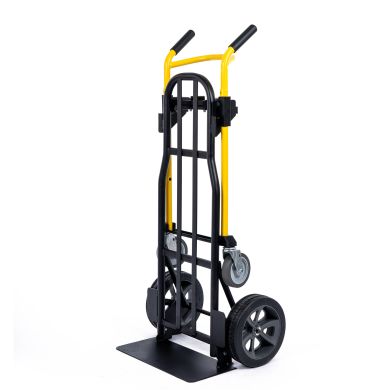 Hand truck with yellow handle, black frame, and solid wheels, shown upright.