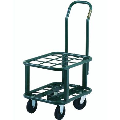 Hand truck with mesh platform and four solid wheels, green metal frame.