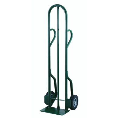 Green hand truck with two solid wheels and curved handle, upright position.