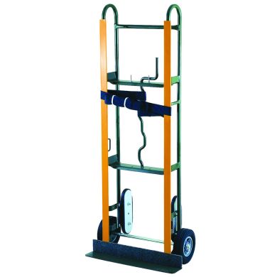 Stair-climbing dolly with two wheels, adjustable strap, and metal frame.