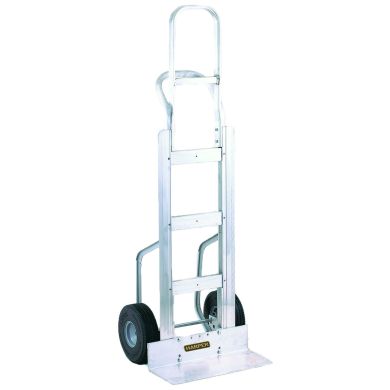 Aluminum hand truck with two solid wheels and curved handle, upright position.