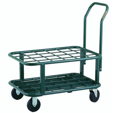 Metal flat cart with grid surface and four rotating wheels, curved handle