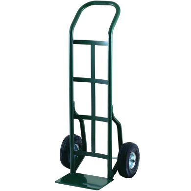 Hand truck with upright frame, solid rubber wheels, and flat nose plate.