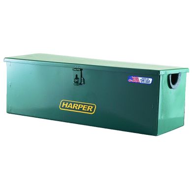 Green storage box with handle and lock, branded with Harper logo.