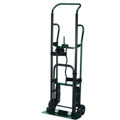Green hand truck with curved handle and solid wheels, shown upright against white background.