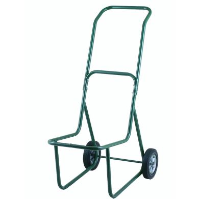 Green hand truck with tall frame and two solid wheels, upright position.