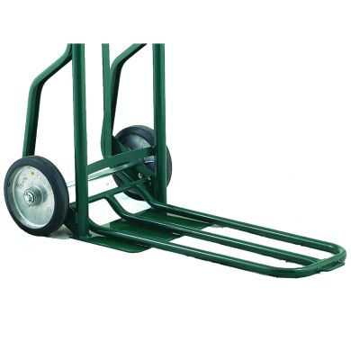 Hand truck with straight frame and solid rubber wheels, shown against white background.