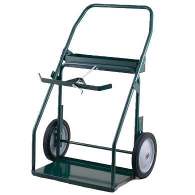 Hand truck with curved handle, platform base, and two solid wheels, green frame.