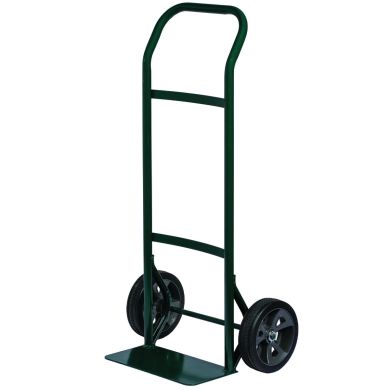 Green hand truck with curved handle and two solid wheels, flat base plate.