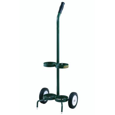 Green dolly with two wheel assembly and two cup holders attached