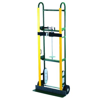 Stair climber dolly with solid rubber wheels and yellow handle, shown upright on white background.