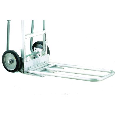 Hand truck with two solid wheels and a flat nose plate.