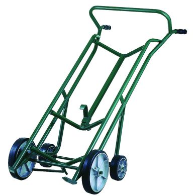 Green hand truck with upright frame and two solid wheels.