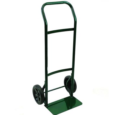 Green hand truck with curved handle and solid wheels, shown upright.