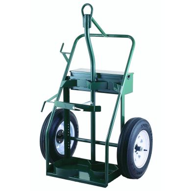 Green hand truck with solid black wheels and a storage tray at the base.