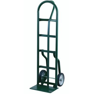 Green hand truck with curved handle and two solid wheels on a white background.