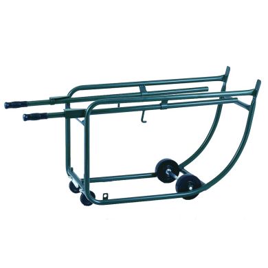 Hand truck with curved design, two black solid wheels, and rubber grip handles.