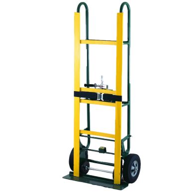 Heavy-duty hand truck with curved handle, yellow and green frame, solid wheels, and black strap.