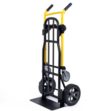 Hand truck with black metal frame, yellow handles, and two solid wheels.