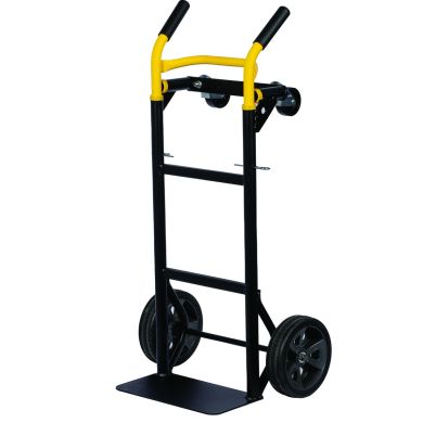 Hand truck with yellow handle, metal frame, and solid rubber wheels, shown upright.
