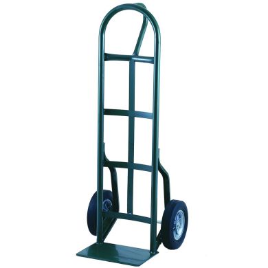 Green hand truck with two solid wheels and a flat nose plate, upright position.