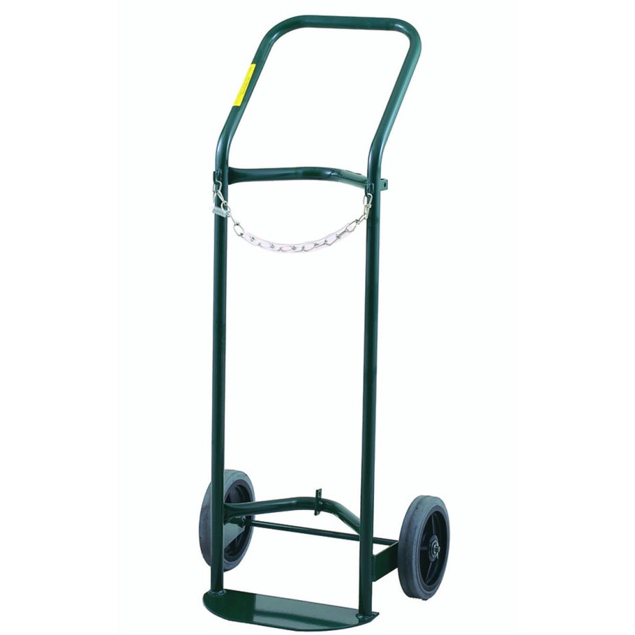 Heavy-duty hand truck with a curved handle, chain support, and solid wheels.