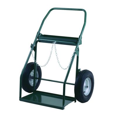 Hand truck with curved handle, chain, and two solid wheels, metal frame.