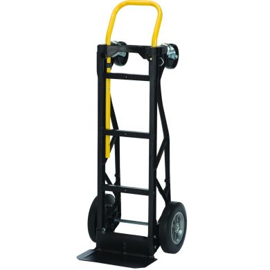 Stair-climbing hand truck with yellow handle and solid wheels, black frame.