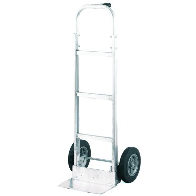 Aluminum hand truck with large wheels and flat nose plate.