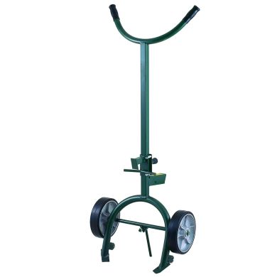 Vertical hand truck with curved handle and two wheels, green frame