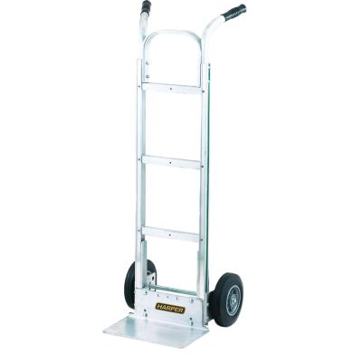 Aluminum hand truck with solid wheels and curved handle, upright position.