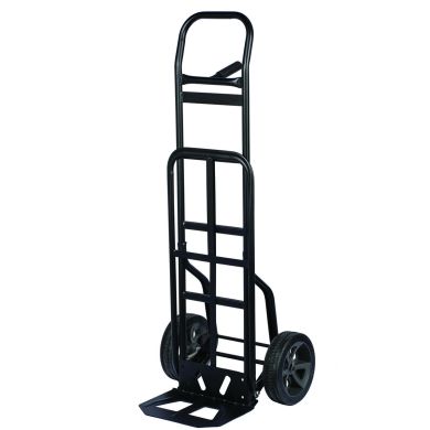 Hand truck with curved handle, two solid wheels, and a flat nose plate.