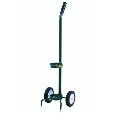 Green hand truck with two solid wheels and curved handle, designed for easy lifting.