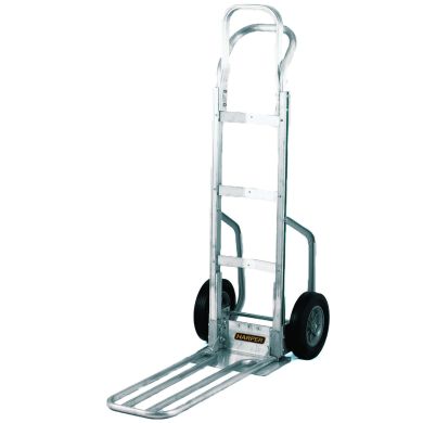 Aluminum hand truck with two solid wheels and a straight handle, shown upright.