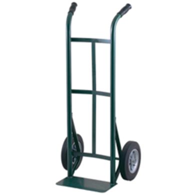 Upright hand truck with dual wheels and curved handles, green metal frame.