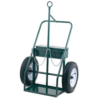 Heavy-duty hand truck with chain attachments and dual solid rubber wheels