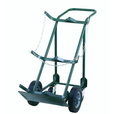 Stair-climbing hand truck with two solid wheels and chain supports, green frame.