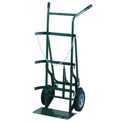Hand truck with curved handle, chain attachment, and solid rubber wheels.