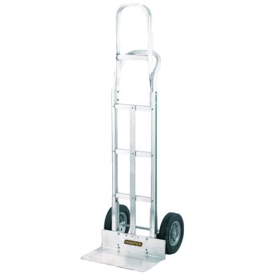 Aluminum hand truck with two solid wheels and curved handle, upright position.