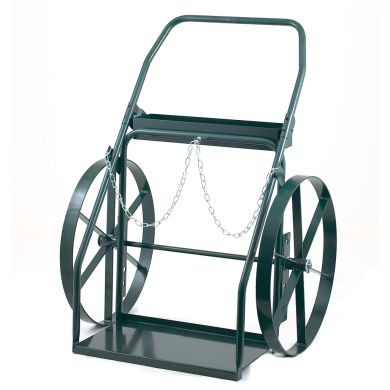 Heavy-duty hand truck with two large wheels and a flat base, featuring a chain attachment.