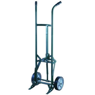 Hand truck with curved handle and two solid wheels, metal frame.
