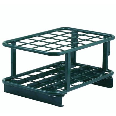 Heavy-duty metal shelf with gridded surface and supporting frame.