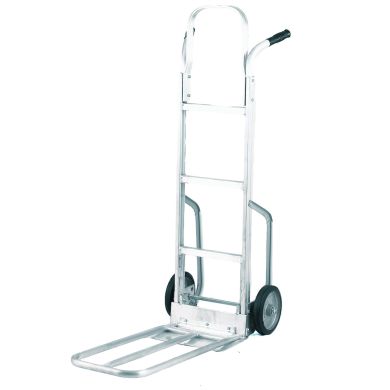Aluminum hand truck with two solid wheels and a curved handle, upright against white background.